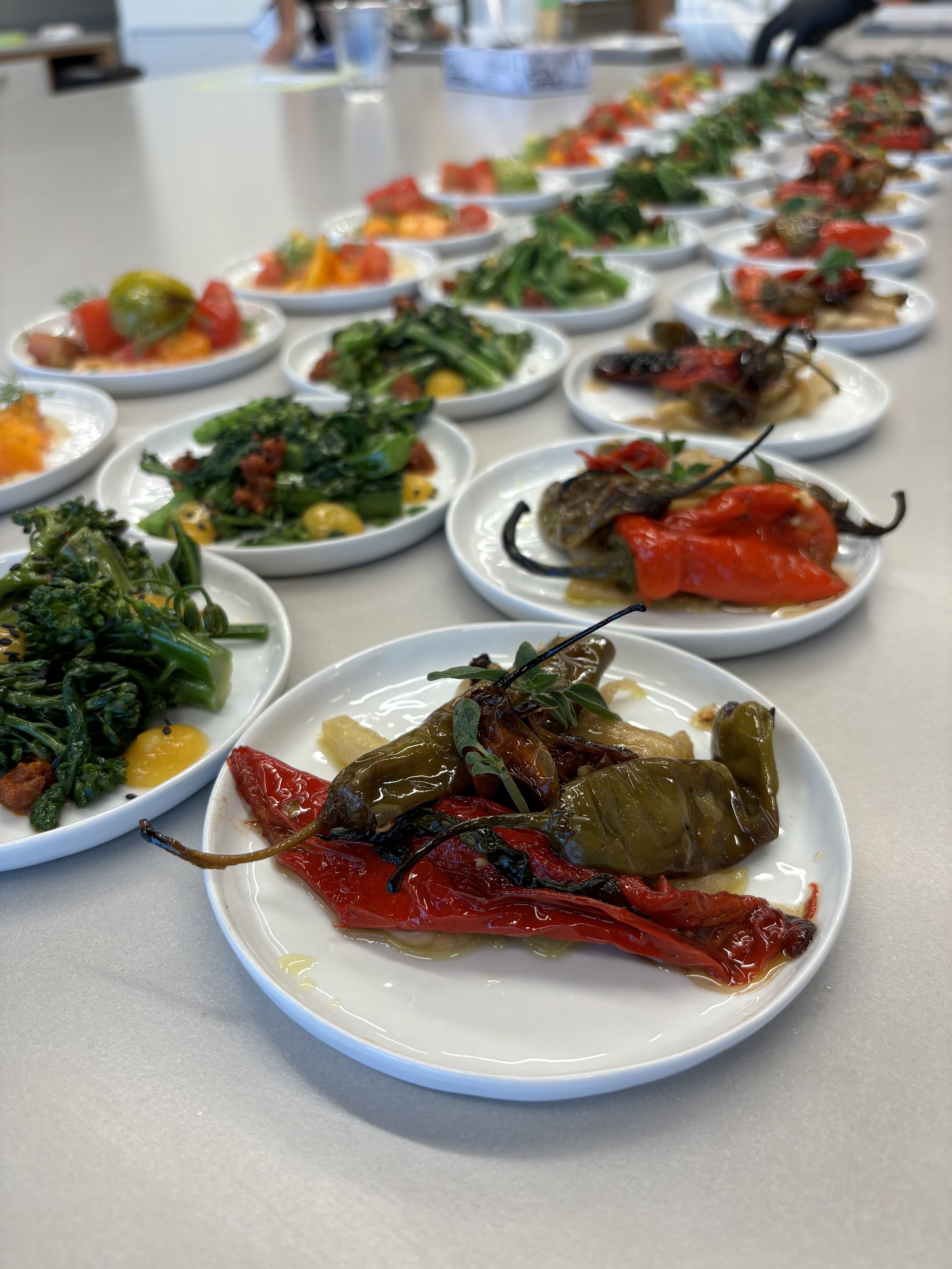 Marinated Peppers, Charred Broccoli, Tomatoes over Tonnato Sauce