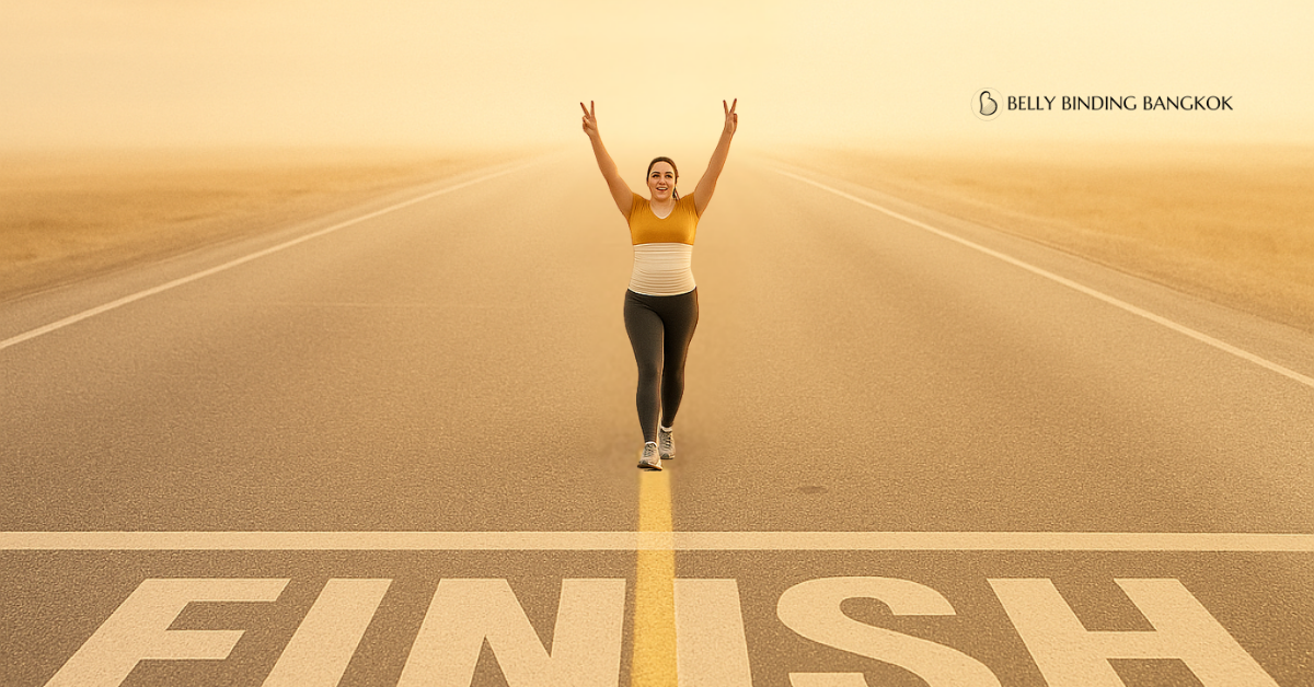 Woman wearing a belt bind, halfway to finish line.