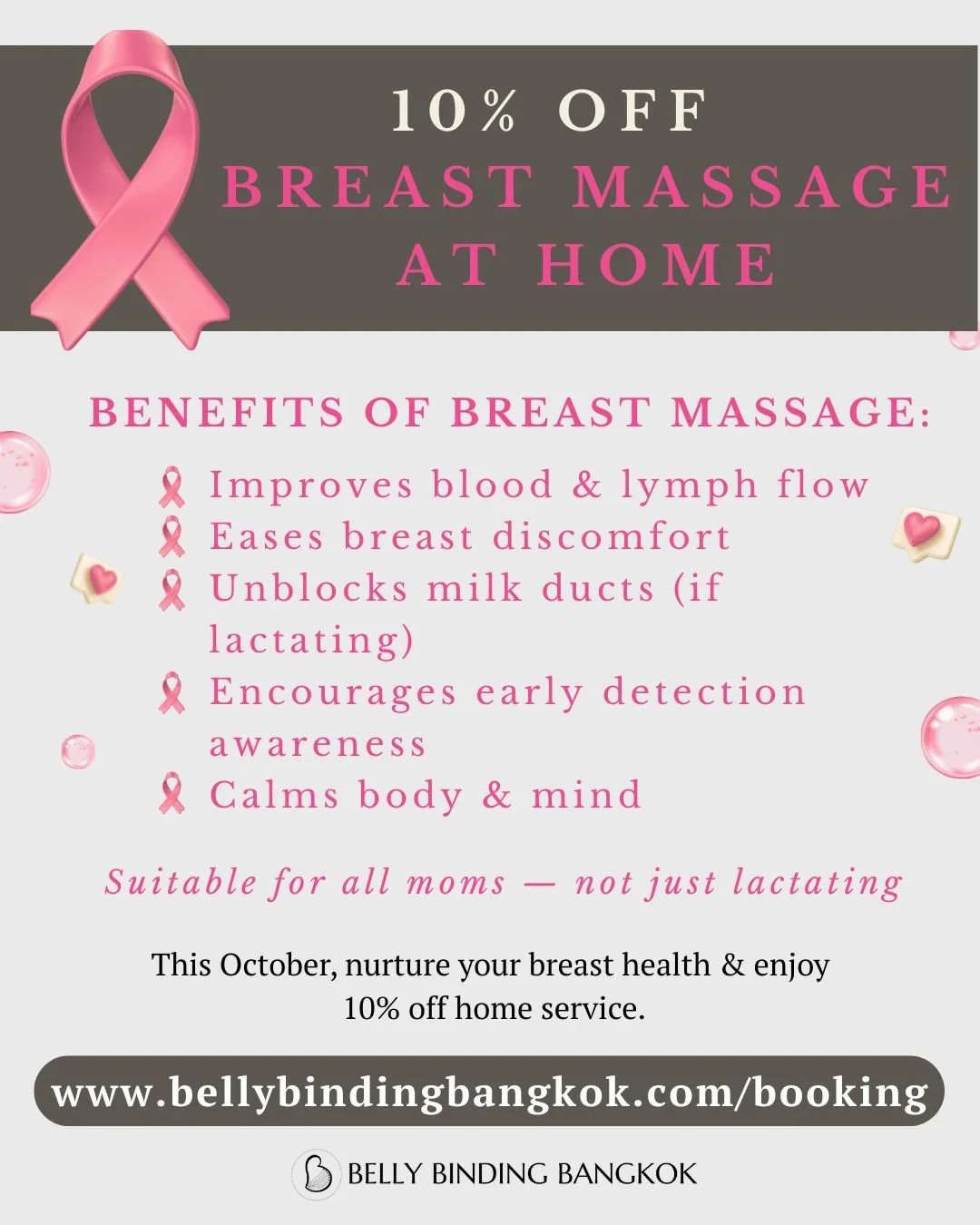 In honor of Breast Cancer Awareness Month, we&rsquo;re offering a special discount on our at-home breast massage service. 💗

✨ Benefits of Breast Massage:
💗 Improves blood &amp; lymph flow
💗 Eases breast discomfort
💗 Unblocks milk ducts (if lacta