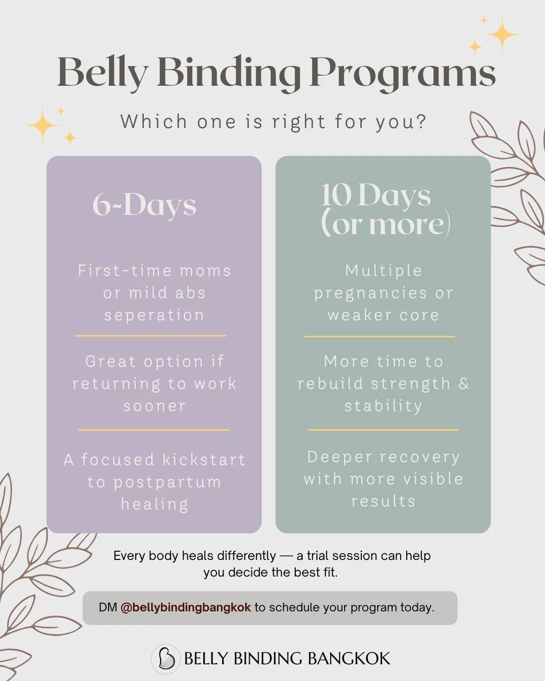 ✨ Which Belly Binding Program is right for you? ✨

Every mom&rsquo;s recovery journey is unique. That&rsquo;s why we offer both 6-day and 10-day (or more) programs to match your body&rsquo;s needs and lifestyle. 🌸

💜 6 Days &ndash; Perfect for firs