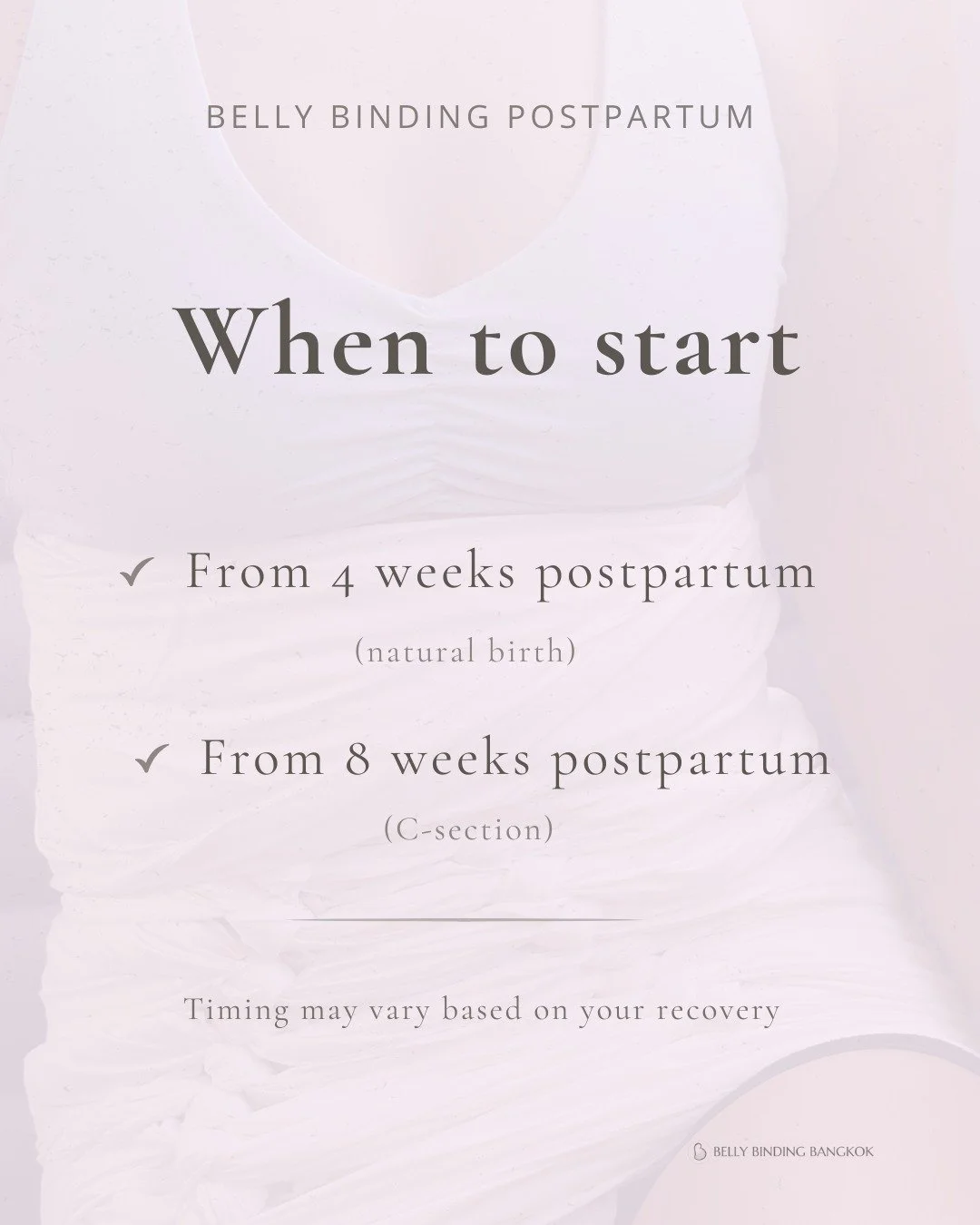 When should you start belly binding? 🤍

A common question I get &mdash; and the answer is:
it depends on your body and your recovery

As a general guide:
&bull; around 4 weeks postpartum (natural birth)
&bull; around 8 weeks postpartum (c-section)

