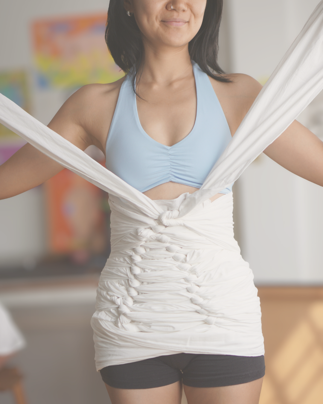 Mom in belly bind double knot method