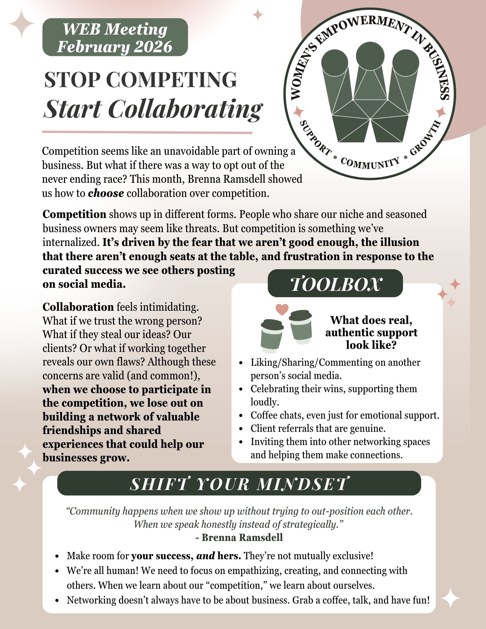 WEB - Stop Competing, Start Collaborating graphic, green and tan colored, supporting community
