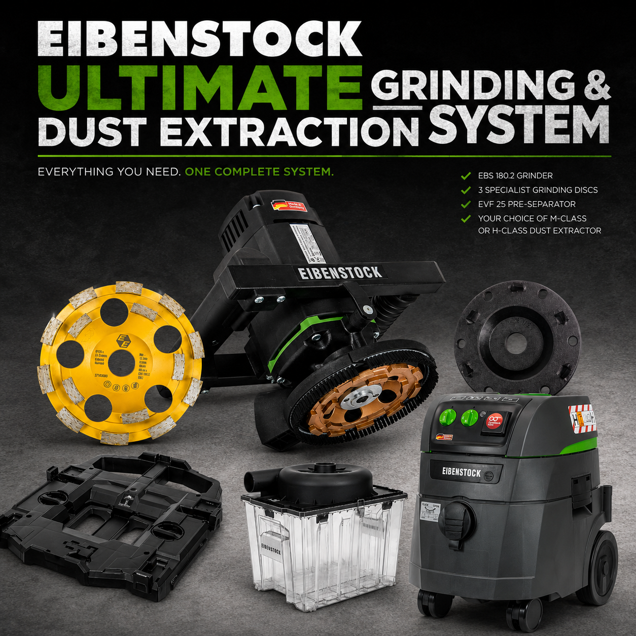 EIBENSTOCK Ultimate Grinding & Dust Extraction System featuring the EBS 180.2 grinder, specialist grinding discs, EVF 25 pre-separator and professional dust extractor.