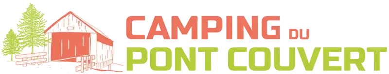 Logo de Camping du Pont Couvert avec un chalet, des pinèdes et un panneau en bois.