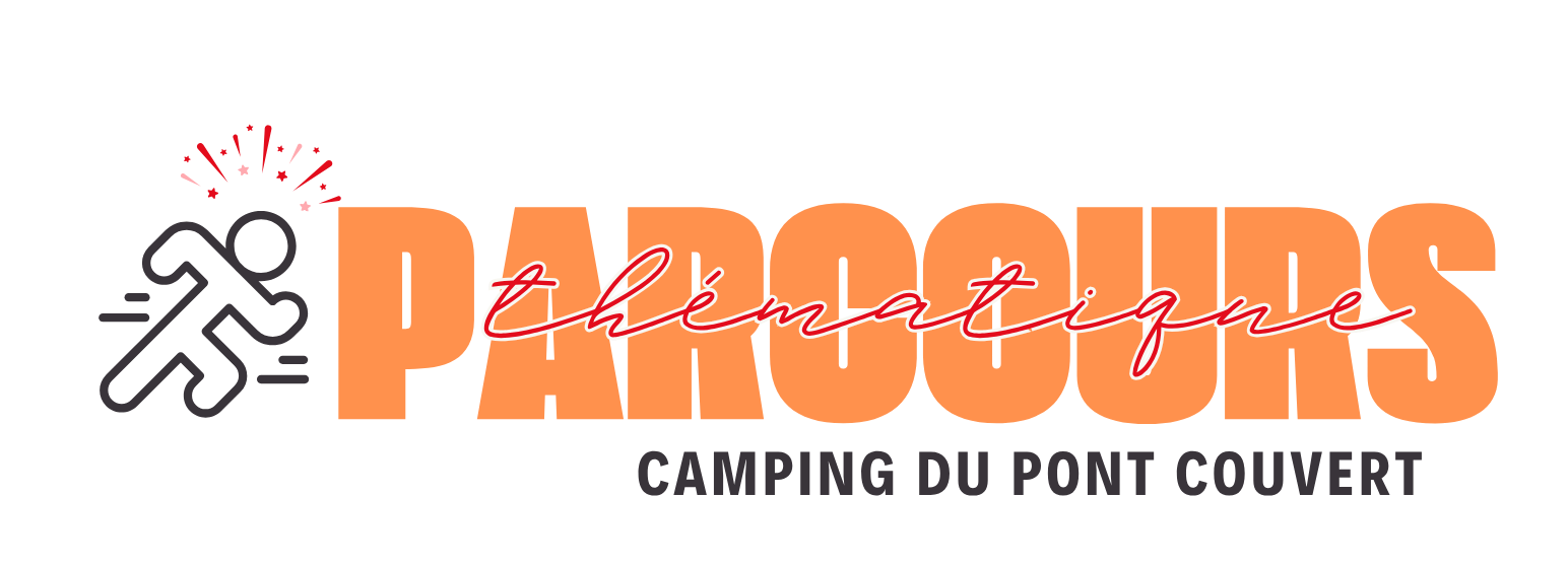 Logo pour le camping de l'Ardèche, avec une icône de campeur, des feux d'artifice, et le texte en français.