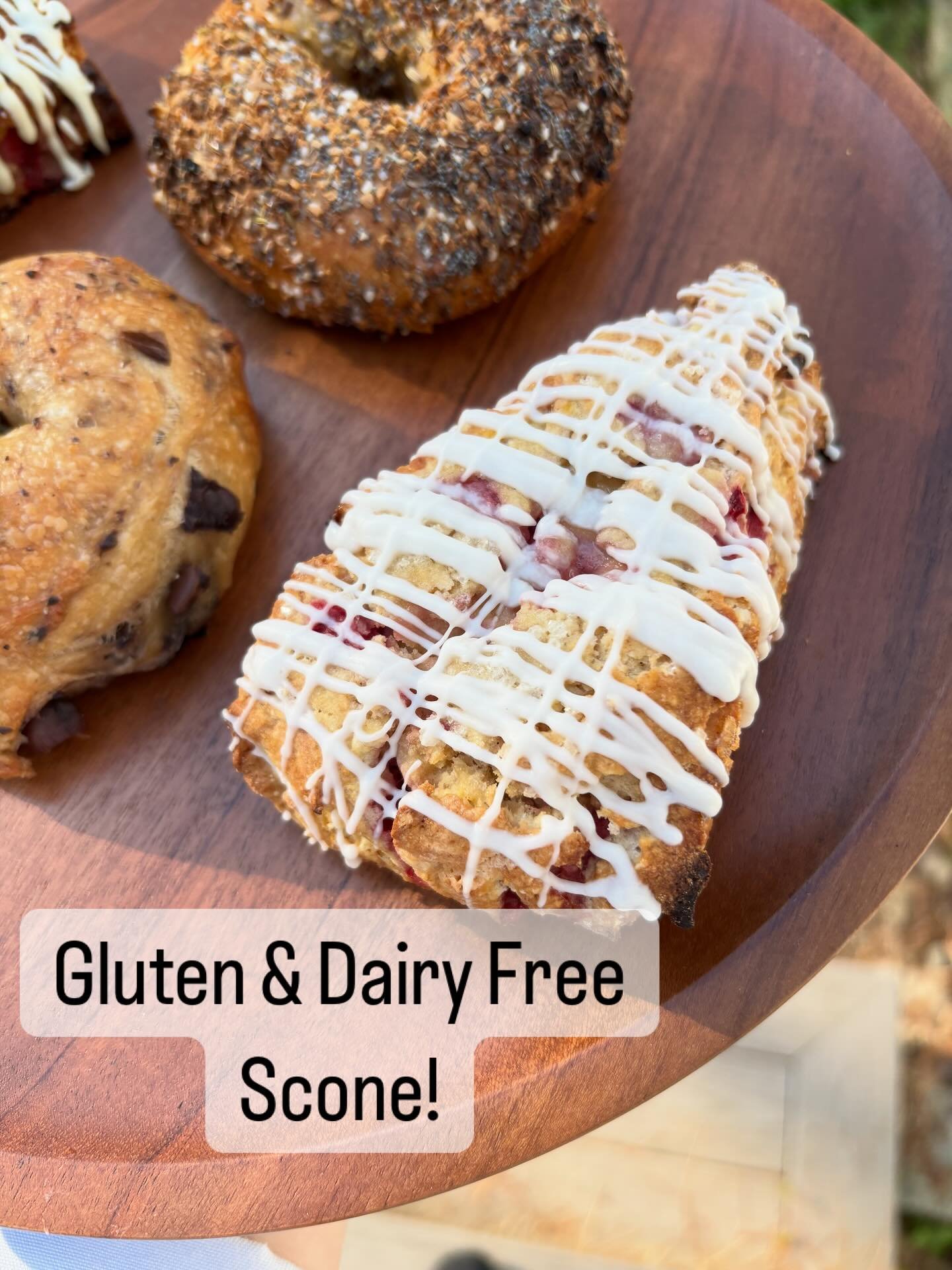 We&rsquo;re open! We&rsquo;ve got:

-Strawberry Scones with a White Chocolate Drizzle (avail in GF/DF)
-Everything (sesame free) &amp; Olive Bagels 
-Solstice Cookies (Strawberries &amp; Cream)
-Gluten &amp; Dairy Free Cookies n Cream Krispies 
-Berr