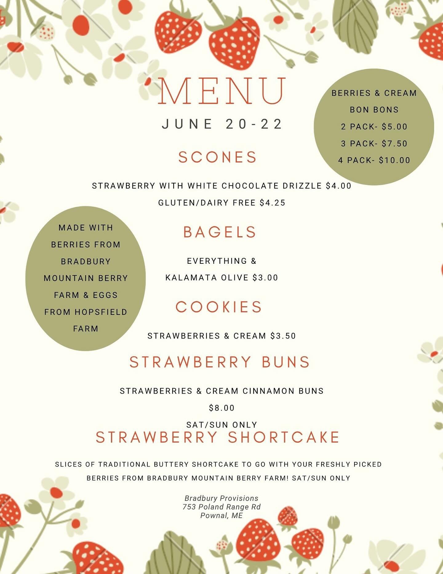 We&rsquo;re open! We&rsquo;ve got:

-Strawberry Scones w/White Chocolate Drizzle (also in GF/DF)
-Strawberry Buns (dairy free &amp; best served slightly warm)
-Bagels in 4 packs
-Solstice Cookies in single and double packs
-GF/DF Cookies n Cream Kris