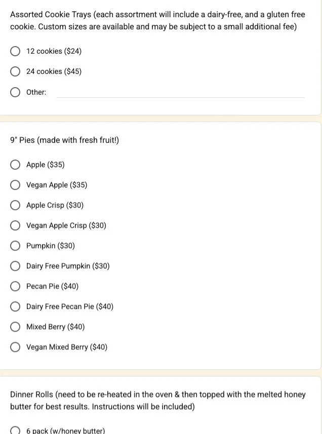 Sneak peek at our Thanksgiving Order Form! And yes, there's a Dairy-Free option for dinner rolls &amp; Gluten Free pie crust option too! 😍

Orders are limited and we can only prepare 20 pies so start your planning now! Pick up days will be Tues, Wed