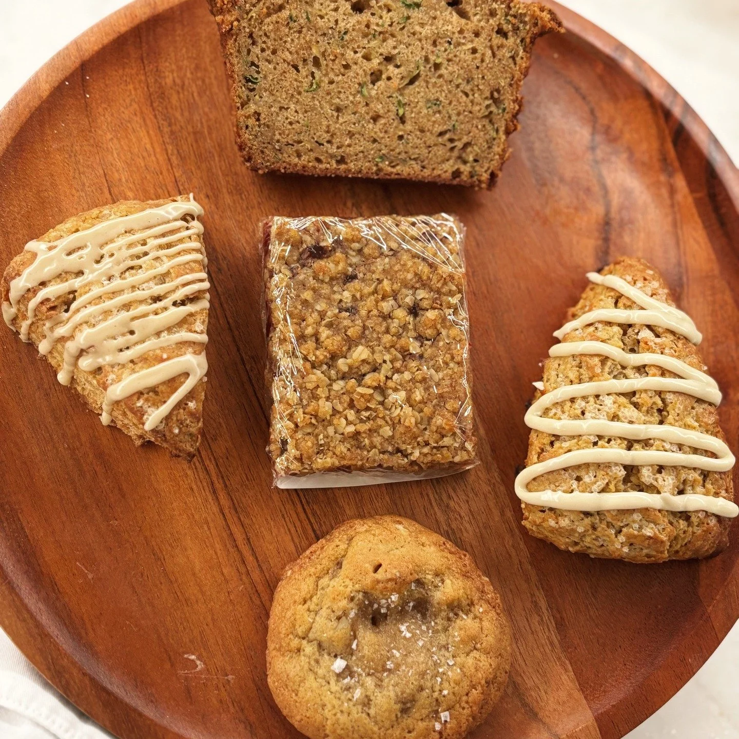 Good morning! We've got: 
-Pumpkin Scones w/Maple Glaze
-GF/Vegan Pumpkin Scones w/Maple Glaze
-Brown Sugar Maple Walnut Cookies
-GF/Vegan Double Chocolate Crispies
-Zucchini Bread (dairy free)
-Vegan Strawberry Streusel Bars
-Vegan/Nut Free/Gluten F