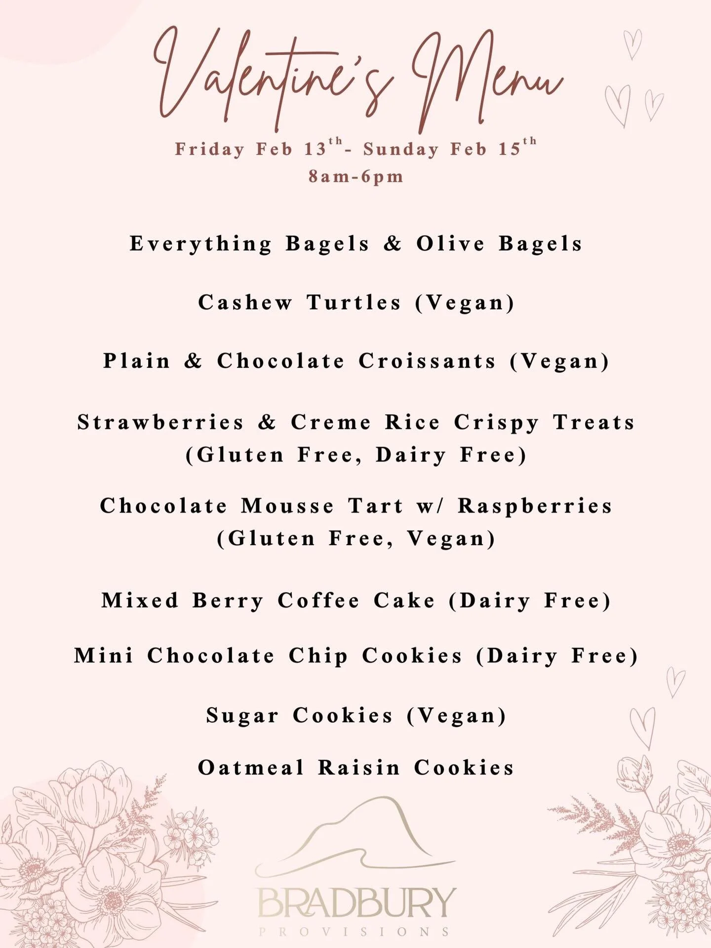 Final menu for Valentine&rsquo;s weekend! 

We&rsquo;ll be open Friday-Sunday 8am-6pm so you can stock up on treats! 

Profits will be donated to @ilapmaine to support new Mainers. 

#bakery #microbakery #maine #smallbusiness #womanowned