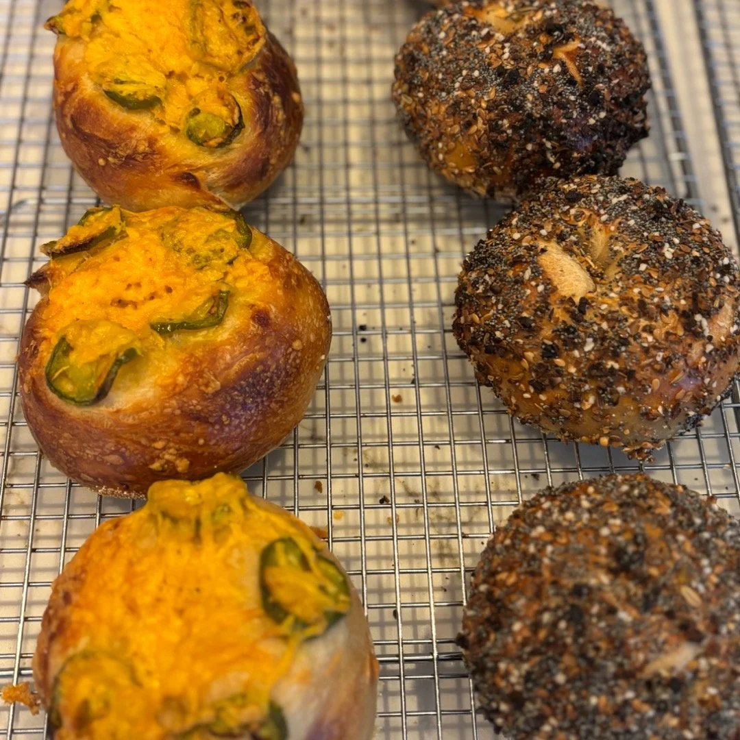 Bagels are cooling and will be out shortly! 

Everything else, including croissants (still warm!) are out and ready to be taken to their new homes. Todays croissants are the best yet- we had some proving issues the last two days but got it sorted out