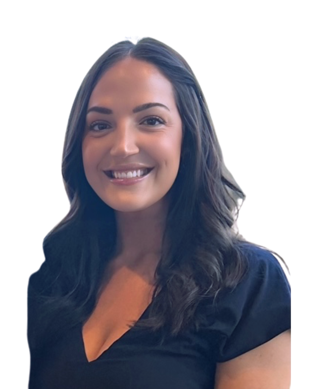A woman with shoulder-length blonde hair smiling outdoors in front of green foliage and purple flowers.