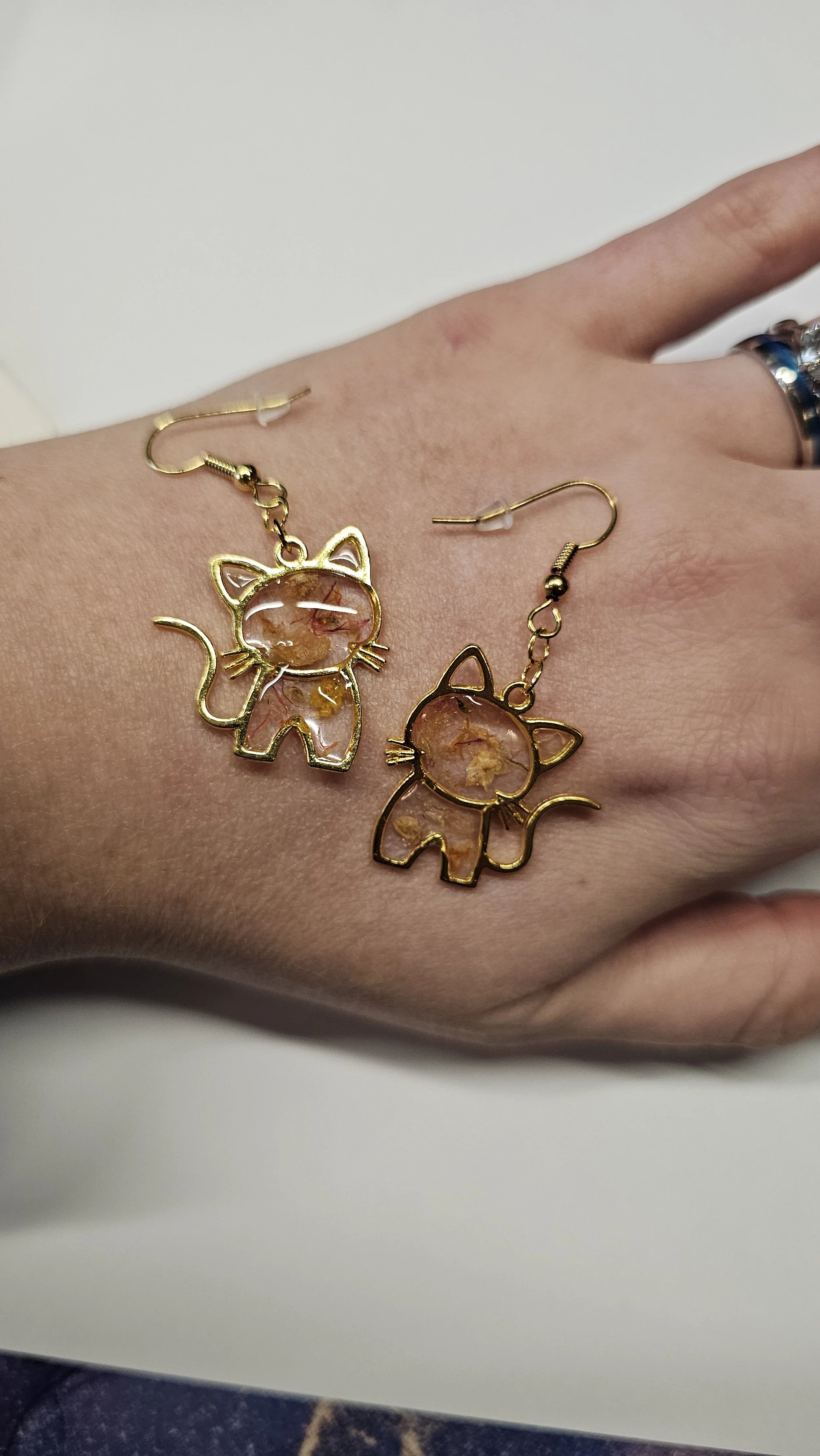 Handcrafted Cat Earrings with Real Flower Petals