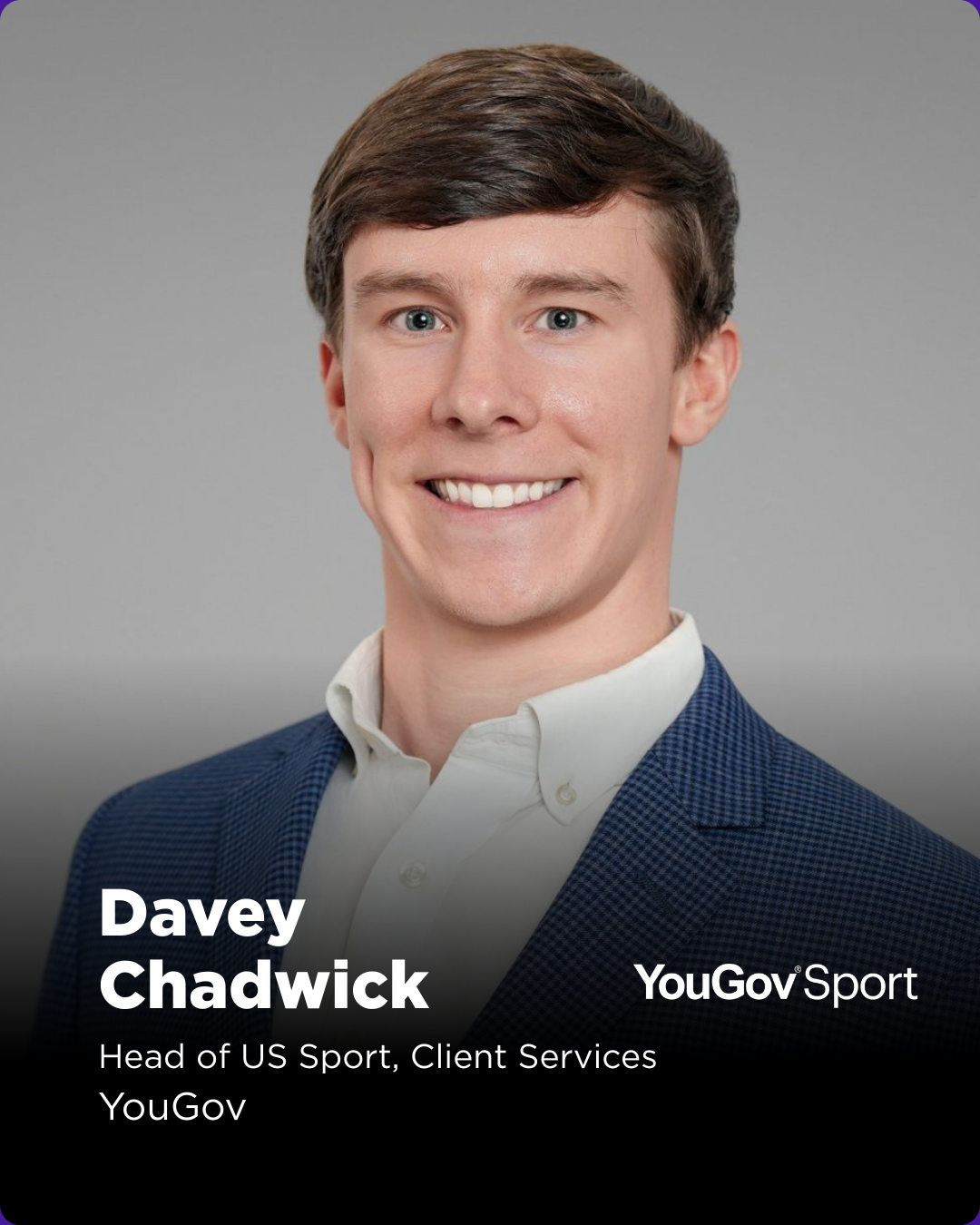"Davey Chadwick is Head of U.S. Sport – Client Services at YouGov Sport, where he leads the team responsible for delivering audience intelligence, sponsorship effectiveness measurement, and commercial insight to many of the most influential organizat