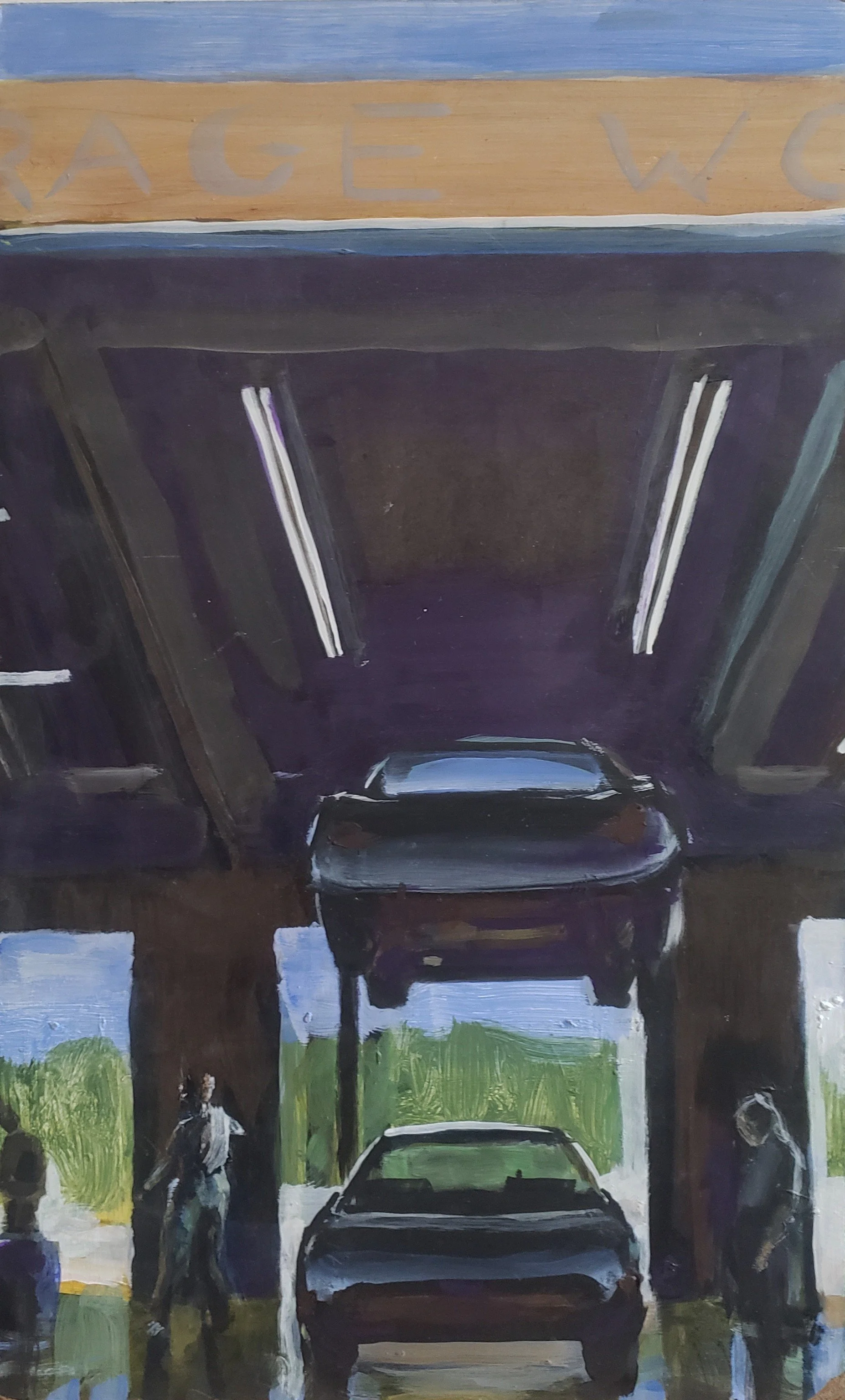 Garage Works, 2024. Acrylic on masonite, 9 x 14 in.