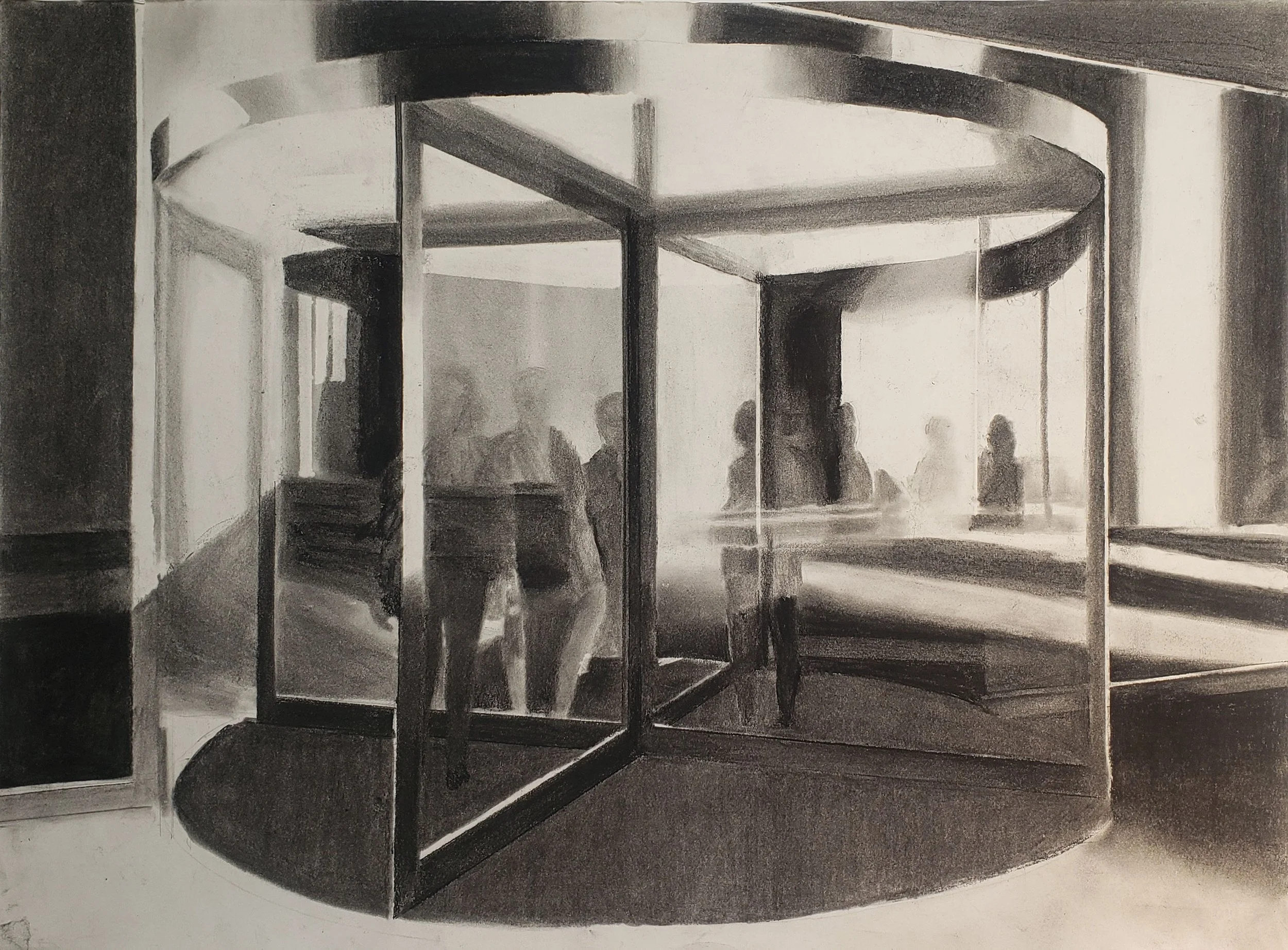 Revolving Door, 2026, Charcoal on paper, 36 x 24 in.