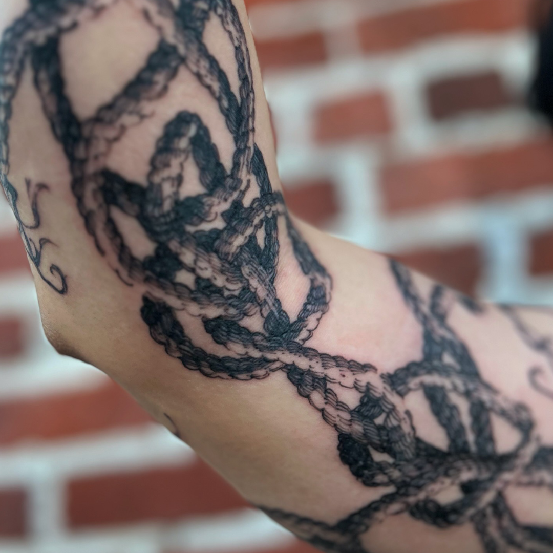 freehand rope tattoo, half sleeve close up