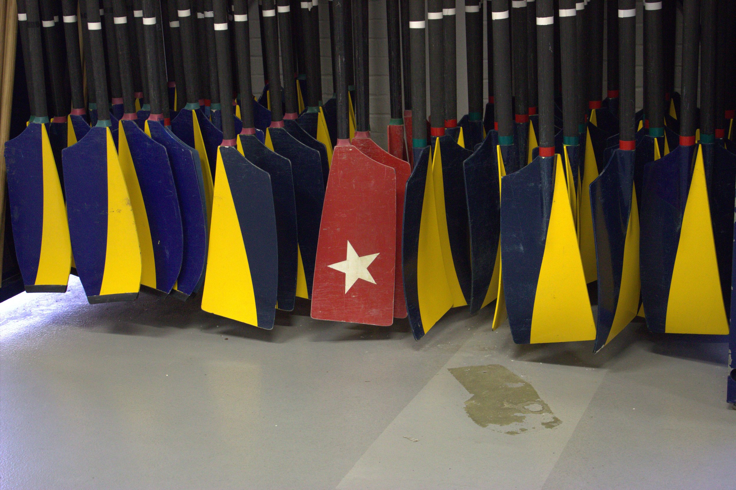 A set of PBC oars at the US Naval Academy boathouse.