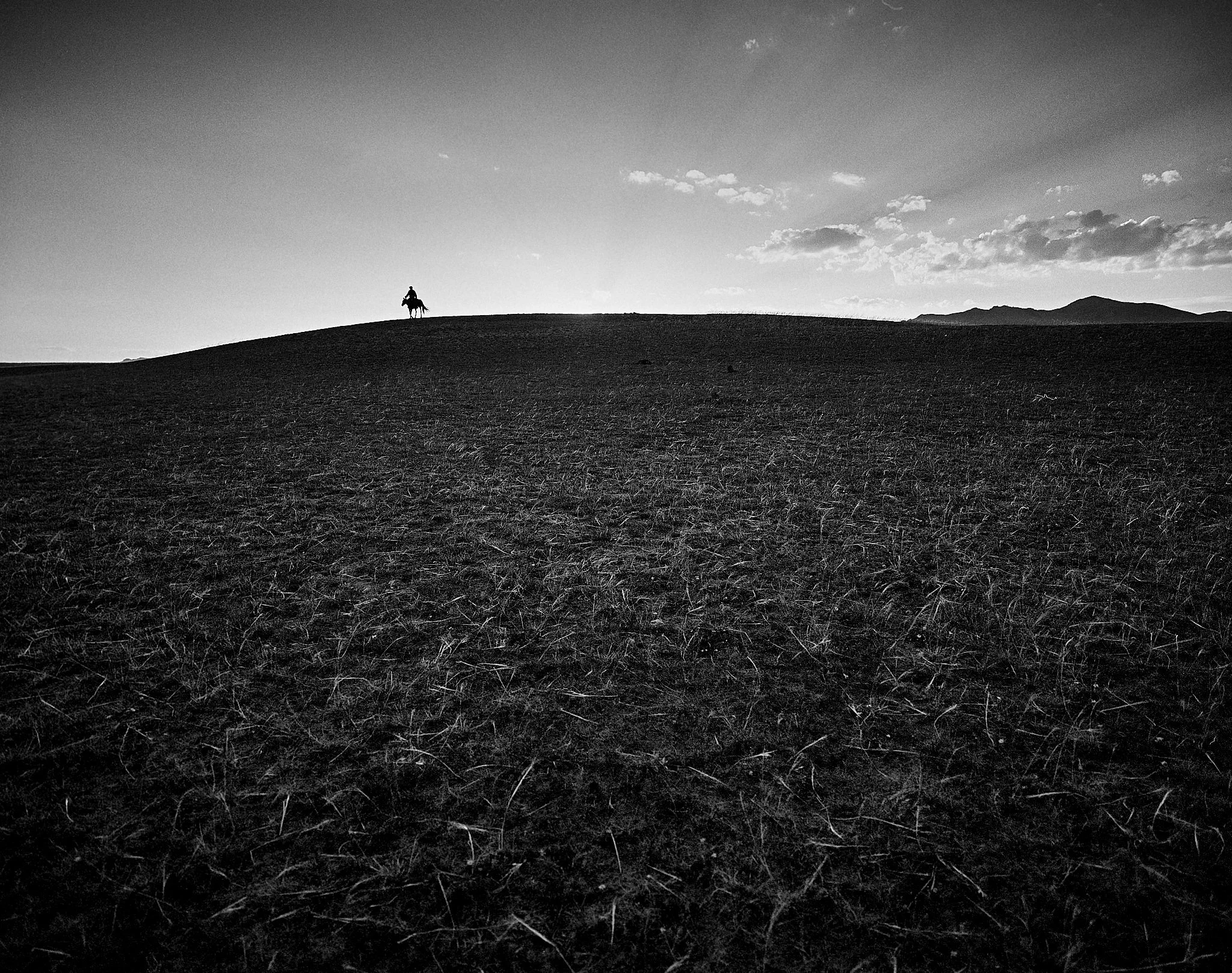 Silhouette of a person riding a horse on a hill, with a mountain in the distance, under a cloudy sky, in black and white.