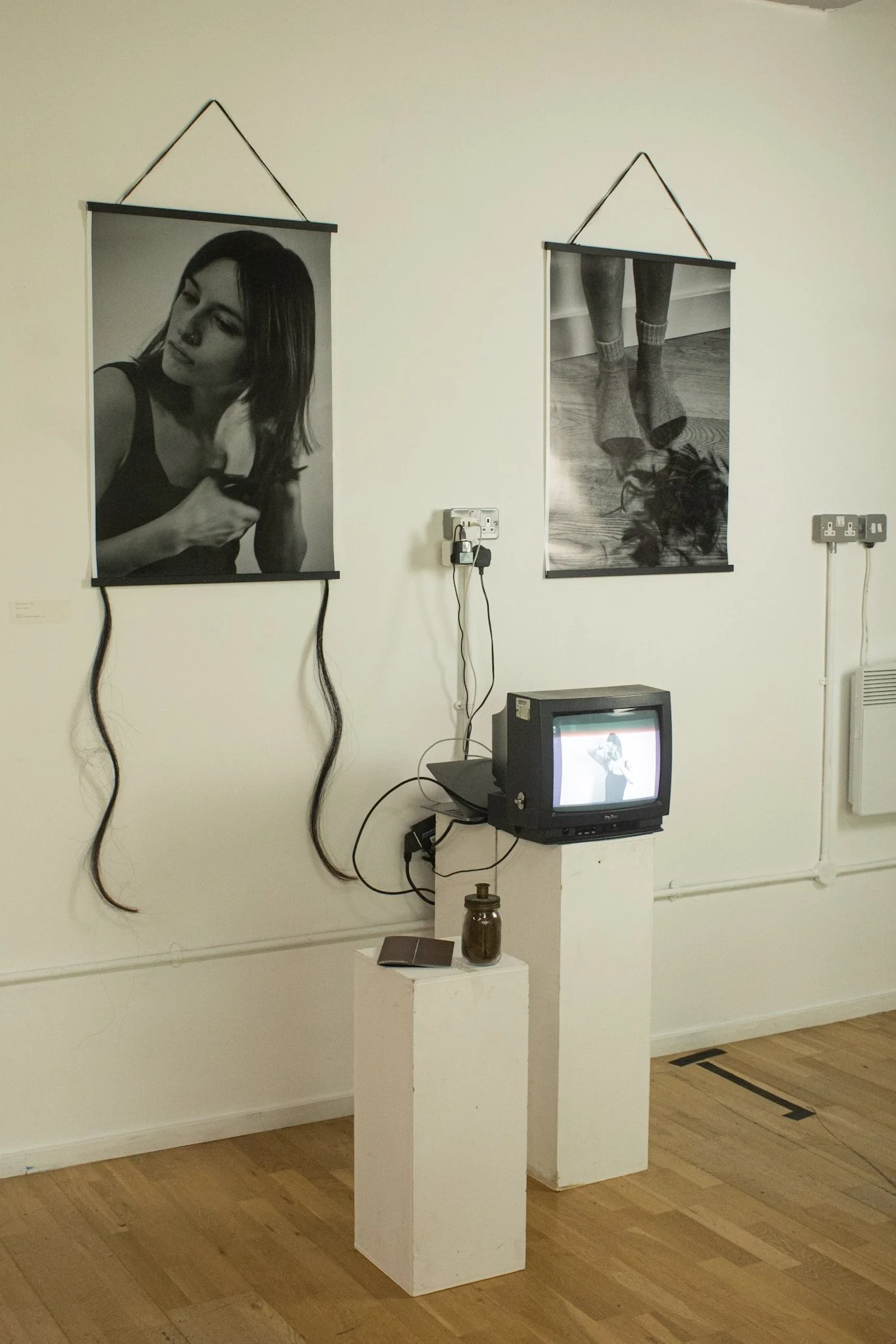 A1 Silk x2 Strung by Horse Hair, 'Split Ends' performative moving image piece - Presented on Panasonic Monitor