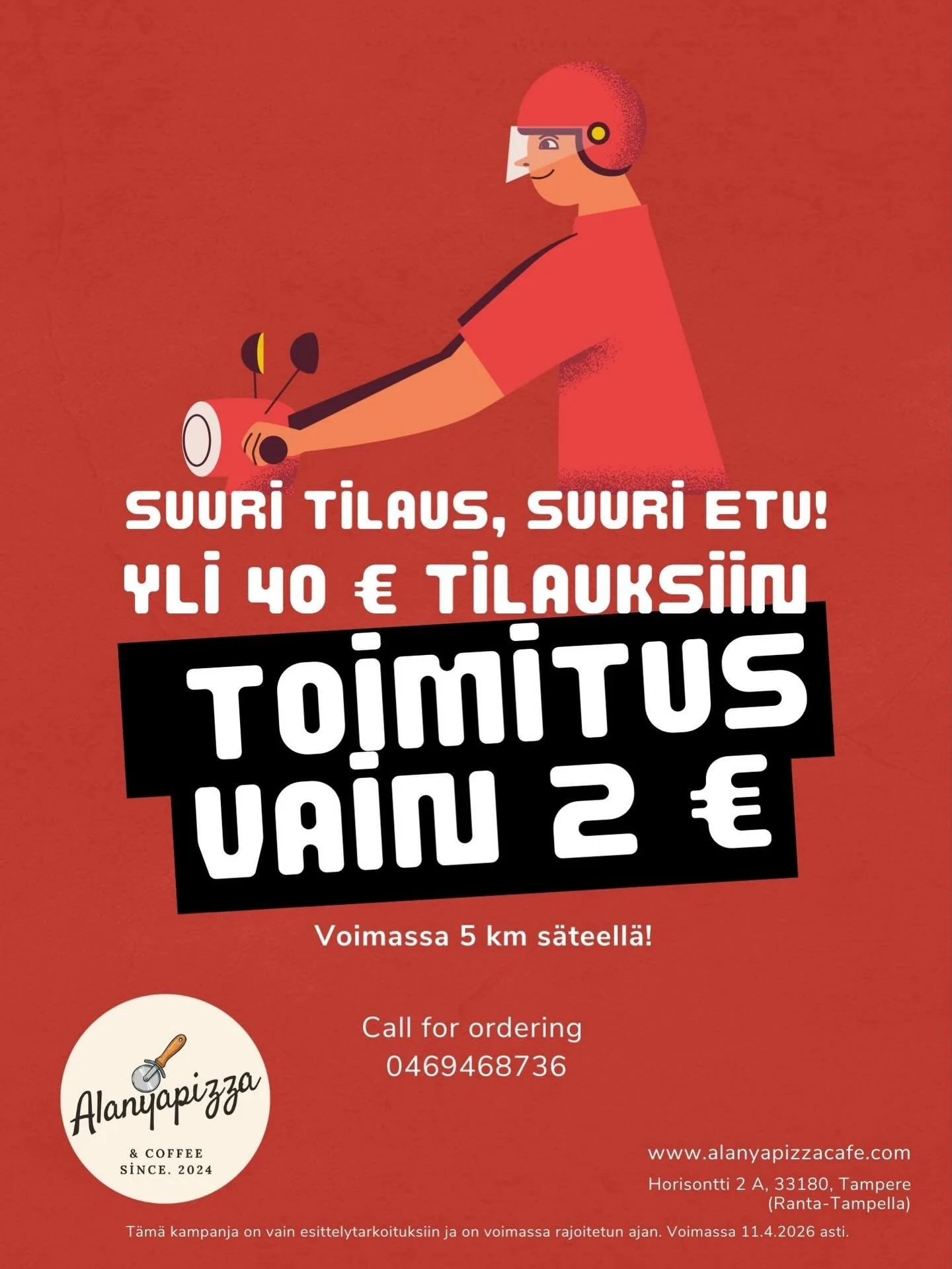 Yli 40 &euro; tilauksiin toimitus vain 2 &euro;!
Tarjous koskee enint&auml;&auml;n 5 km et&auml;isyytt&auml;.

T&auml;m&auml; kampanja on vain esittelytarkoituksiin ja voimassa rajoitetun ajan.
Voimassa 11.04.2026 asti. Tilauksen voit tehd&auml; soit