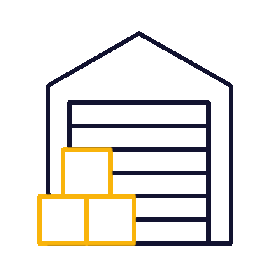 Warehouse with a garage door and stacked boxes outside