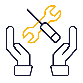 Illustration of two hands holding a wrench and a screwdriver crossed over each other.