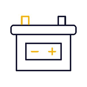 Outline drawing of a car battery with positive and negative terminals.
