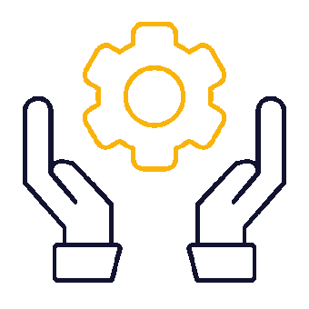 Illustration of two hands holding a gear, symbolizing maintenance or engineering support.