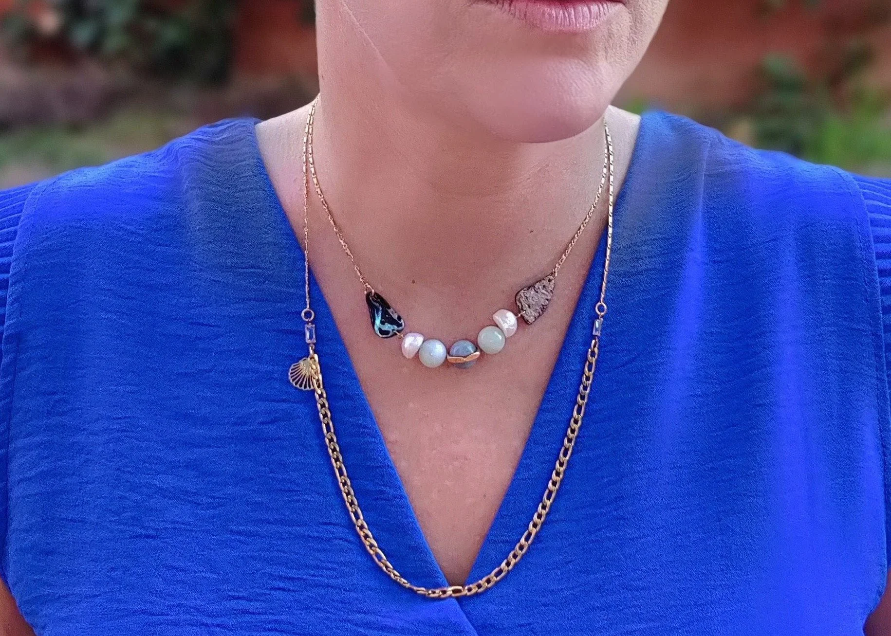 Boho Abalone Gemstone Necklace with Pearls on person.jpg