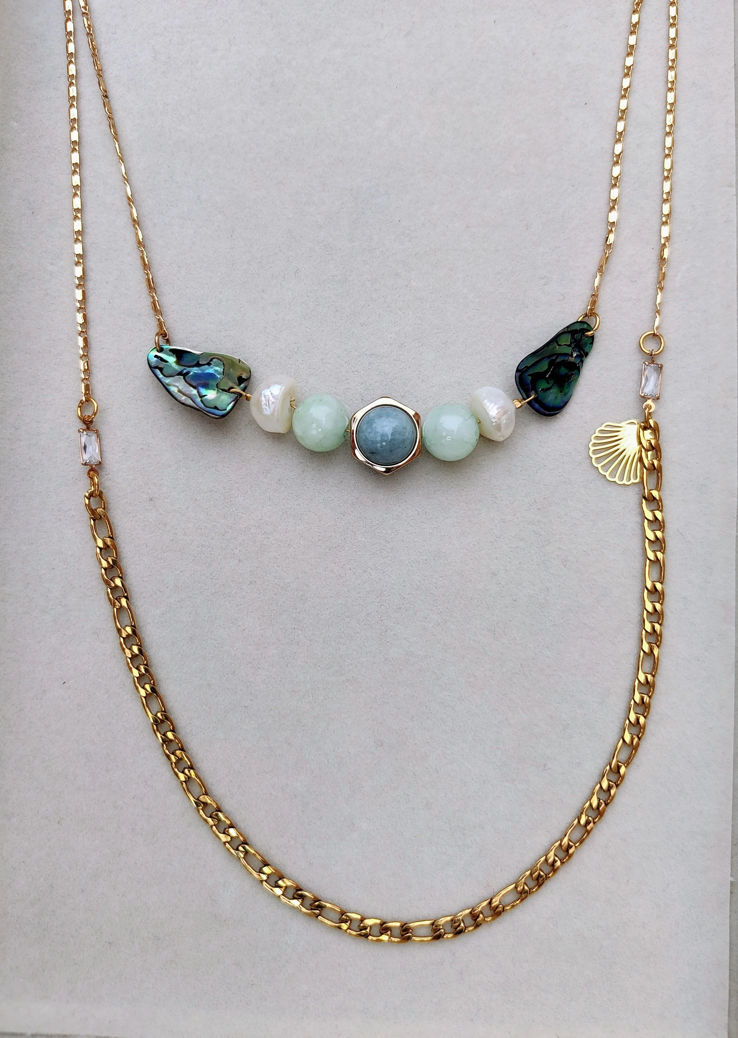 Boho Abalone Gemstone Necklace with Pearls in light green and blue