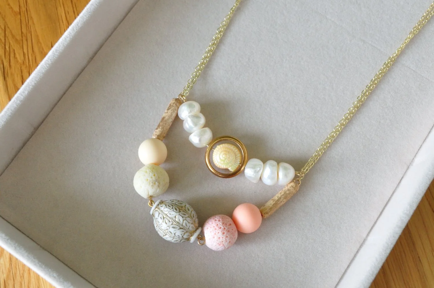 Maritime Coral & Silicone Bead Necklace in rose, yellow and gold tones