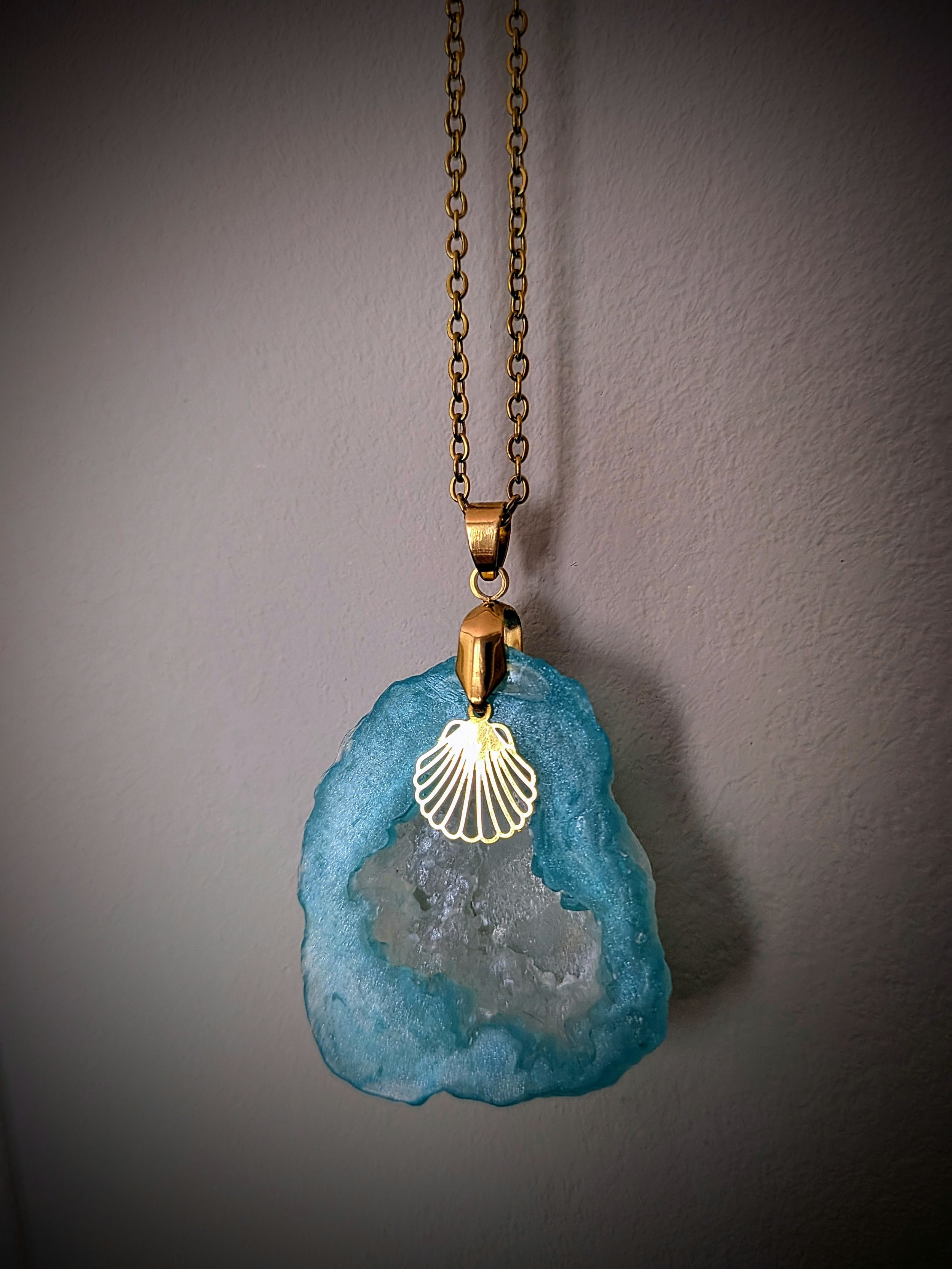 Maritime Resin Rock Pendant Necklace with Sea Glass