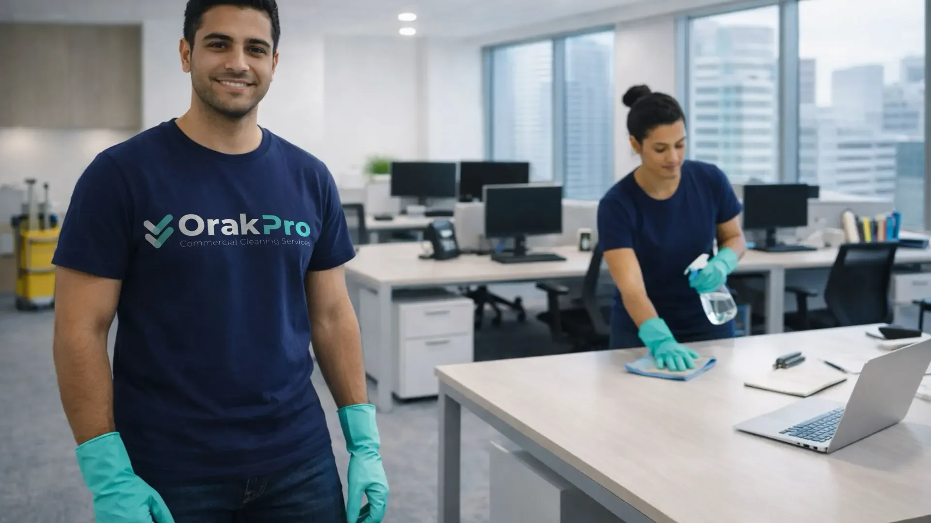 Commercial cleaning team adjusting a customized cleaning schedule for a business facility in Austin, Texas.