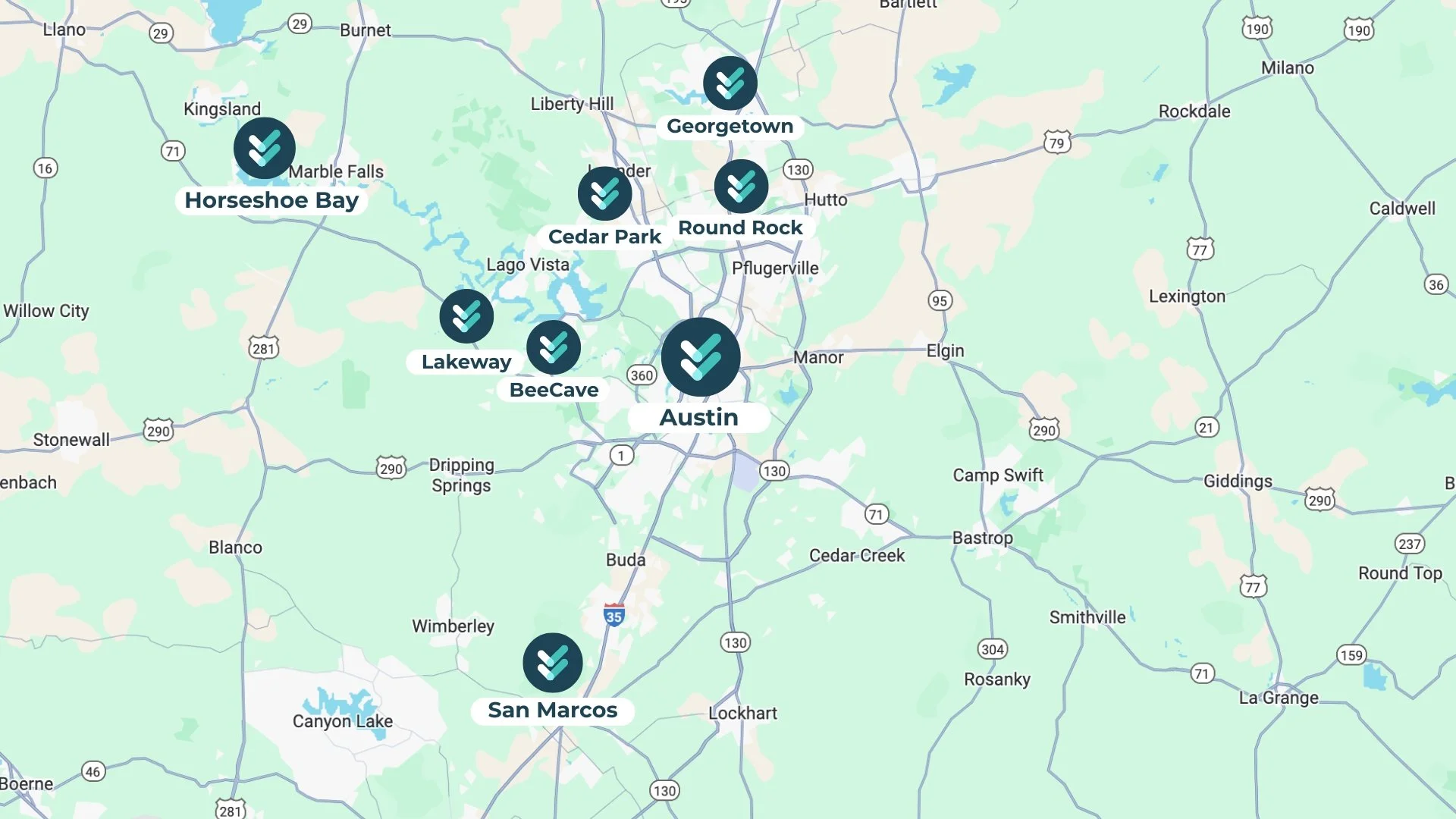 Map showing OrakPro restaurant cleaning service areas in Austin and surrounding cities.