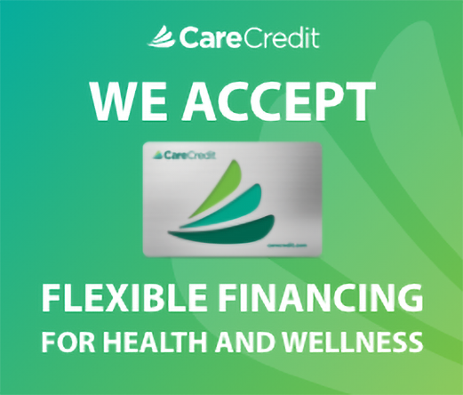 Green advertisement for CareCredit showing acceptance of flexible financing for health and wellness, including a credit card with the CareCredit logo.