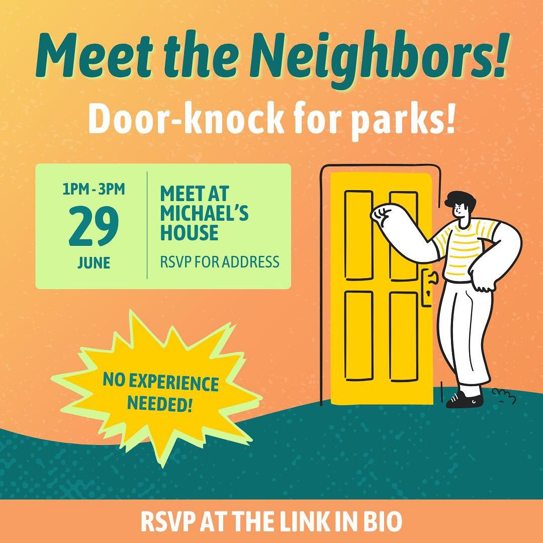 Join us to meet the neighbors at our door-knock this Sunday, June 29th! We will be knocking in Michael’s very own neighborhood to talk about what an equitable parks system means for us! We will also be joined by @omarfatehmn for mayor!
Find t
