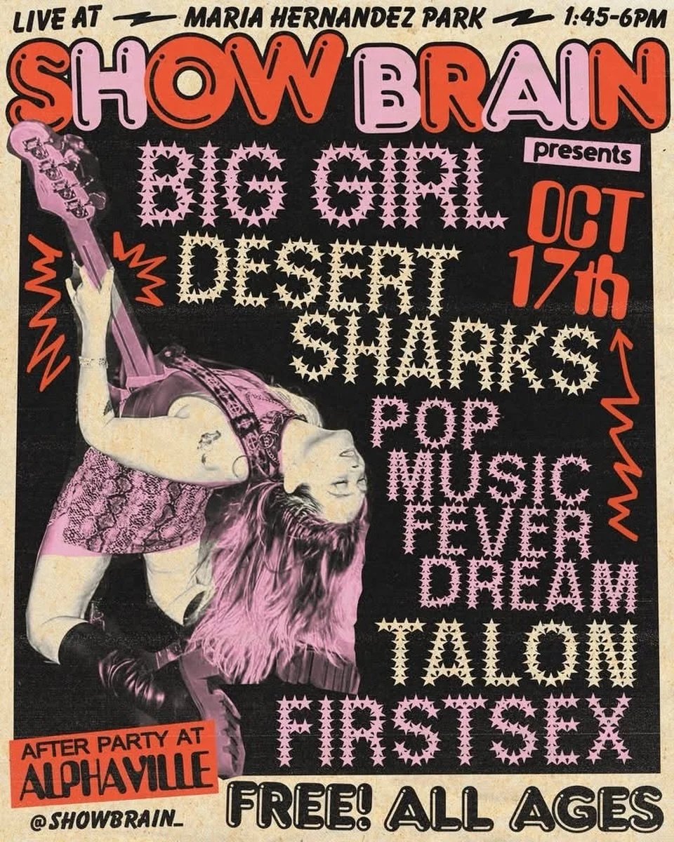 🚨FREE SHOW SATURDAY!🚨
10/17 in @mariahernandezpark, @showbrain_ presents @big_girl_irl @desertsharks @pmfd.nyc @talon_forever @_firstsex_ 😱🤩🫨 What an insane killer lineup! Did we mention it&rsquo;s FREE?! All ages! After party at @alphavillebk! 