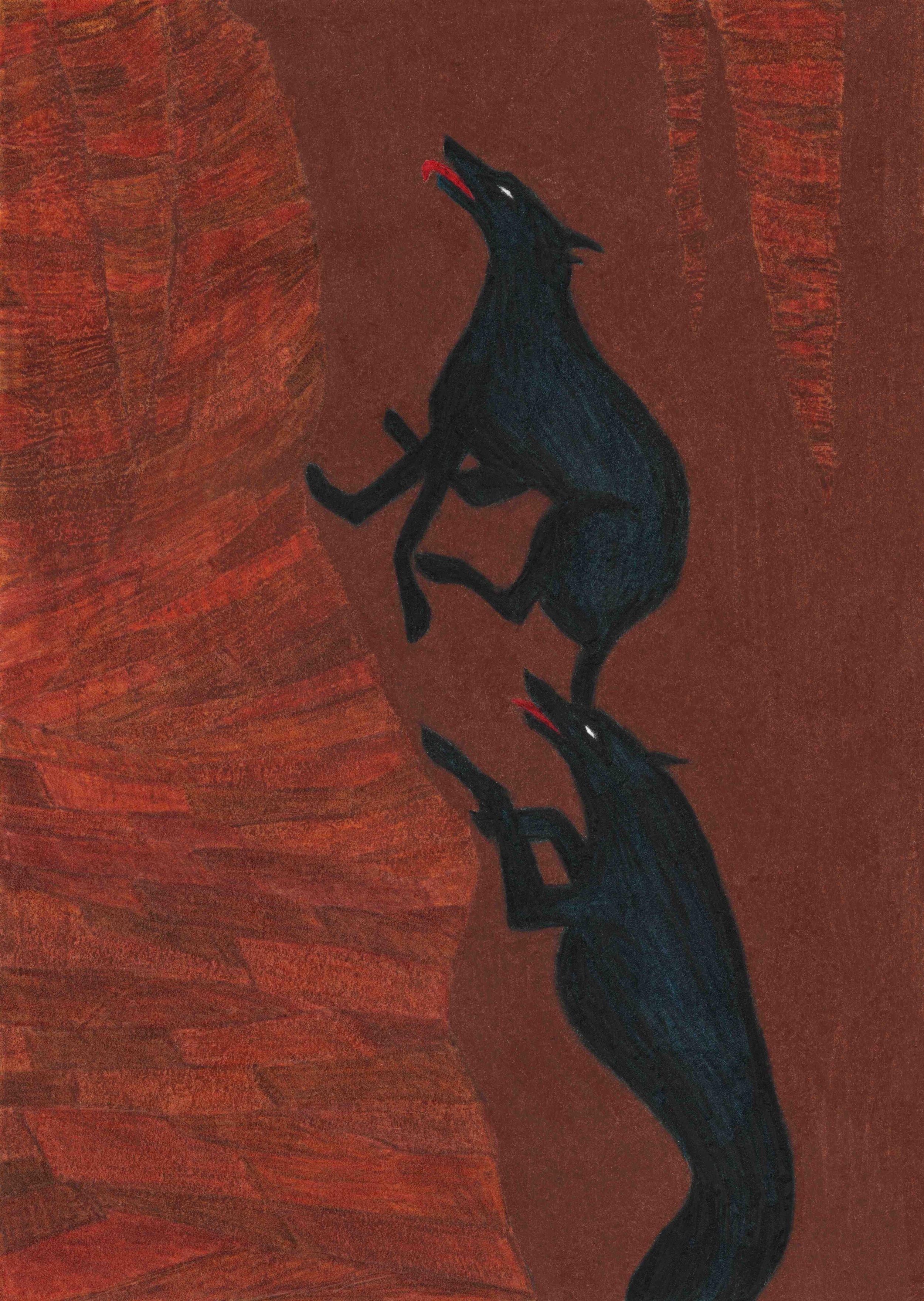 The creatures crossed the giant room in a few gigantic bounds, and leapt onto the wall, red tongues lolling out of panting mouths filled with sharp, snapping teeth. They were canines, bigger than the largest wolves but with the energy of rabid dogs, 
