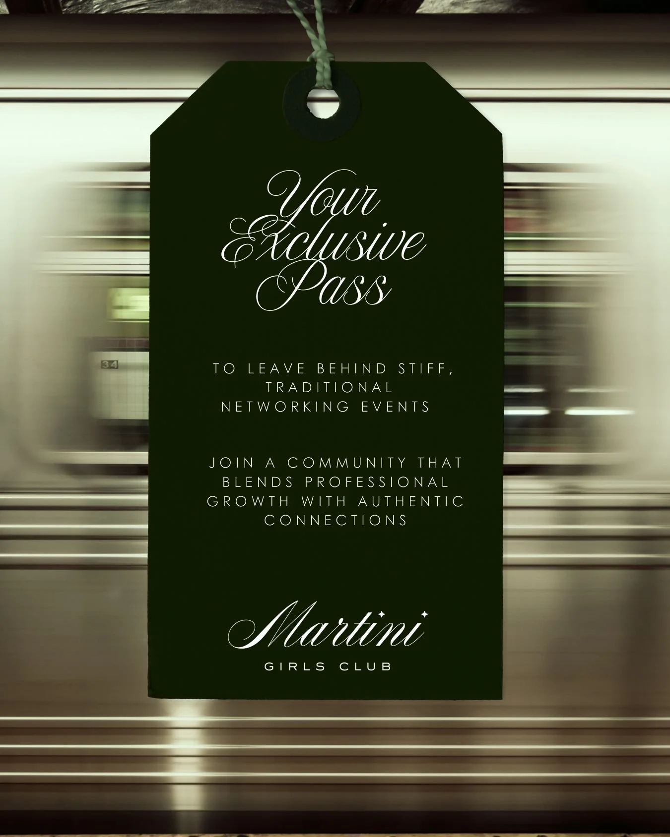 A dark green sign with elegant white script and sans-serif text promoting exclusive membership for the Martini Girls Club, highlighting benefits of networking and community.