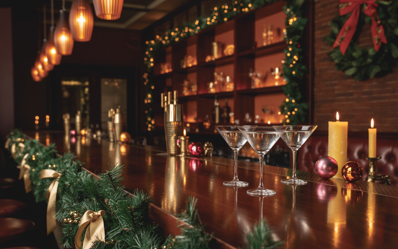 A decorated bar with Christmas holiday decorations, including wreaths, garlands, ribbons, candles, and ornaments. The bar counter has three empty cocktail glasses and is illuminated with warm lighting.