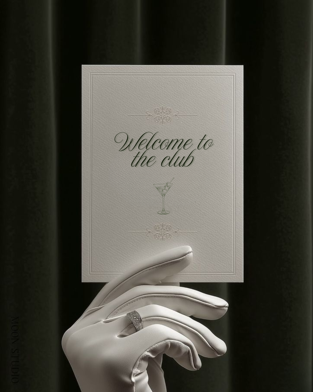 A hand wearing a white glove holding a card that says "Welcome to the club" with a small illustration of a cocktail glass, against a dark background.