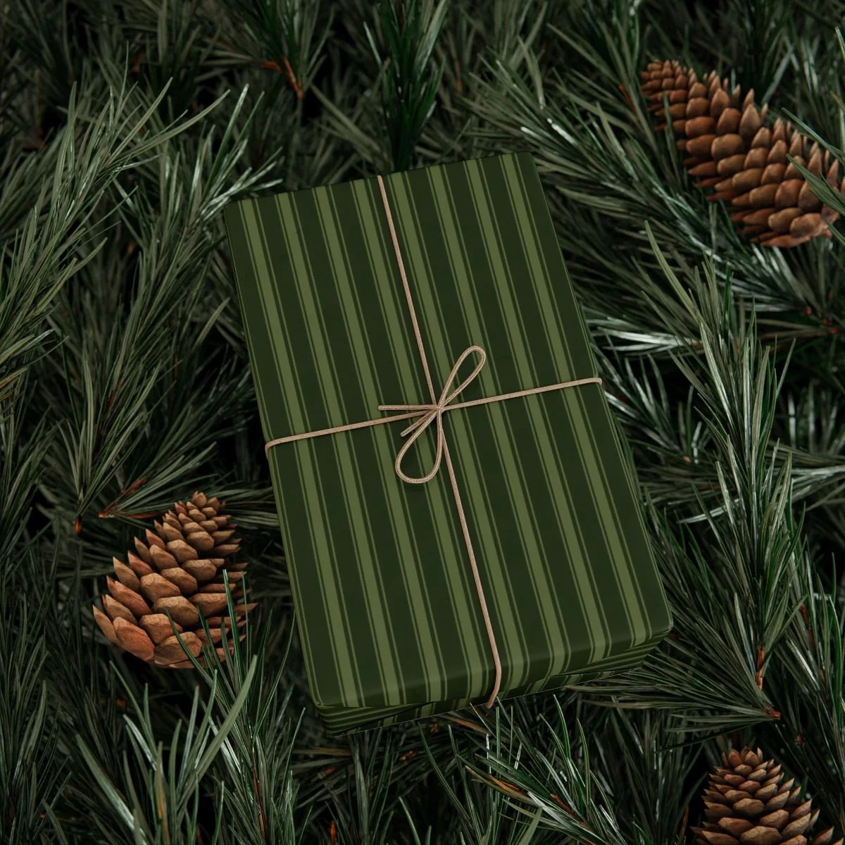A wrapped gift box with green striped wrapping paper tied with a beige ribbon, placed among pine branches and pinecones.