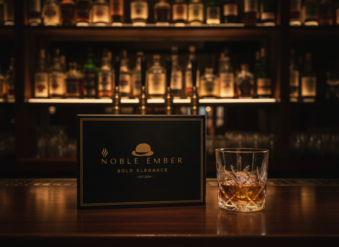 A person holding a cigar with a gold and black logo overlaid with the words "Noble Ember, Bold Elegance, Est. 2024, The Earl" and an illustration of a hat.