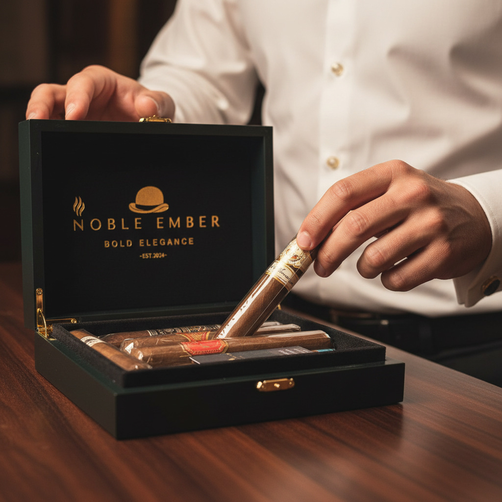 Black and white photo of a glass with a cigar resting on its rim, with a blurred background of various objects. Overlaid in gold text: "Noble Member, Bold Elegance, Est. 2024, The Duke," along with a hat icon and a steam icon.