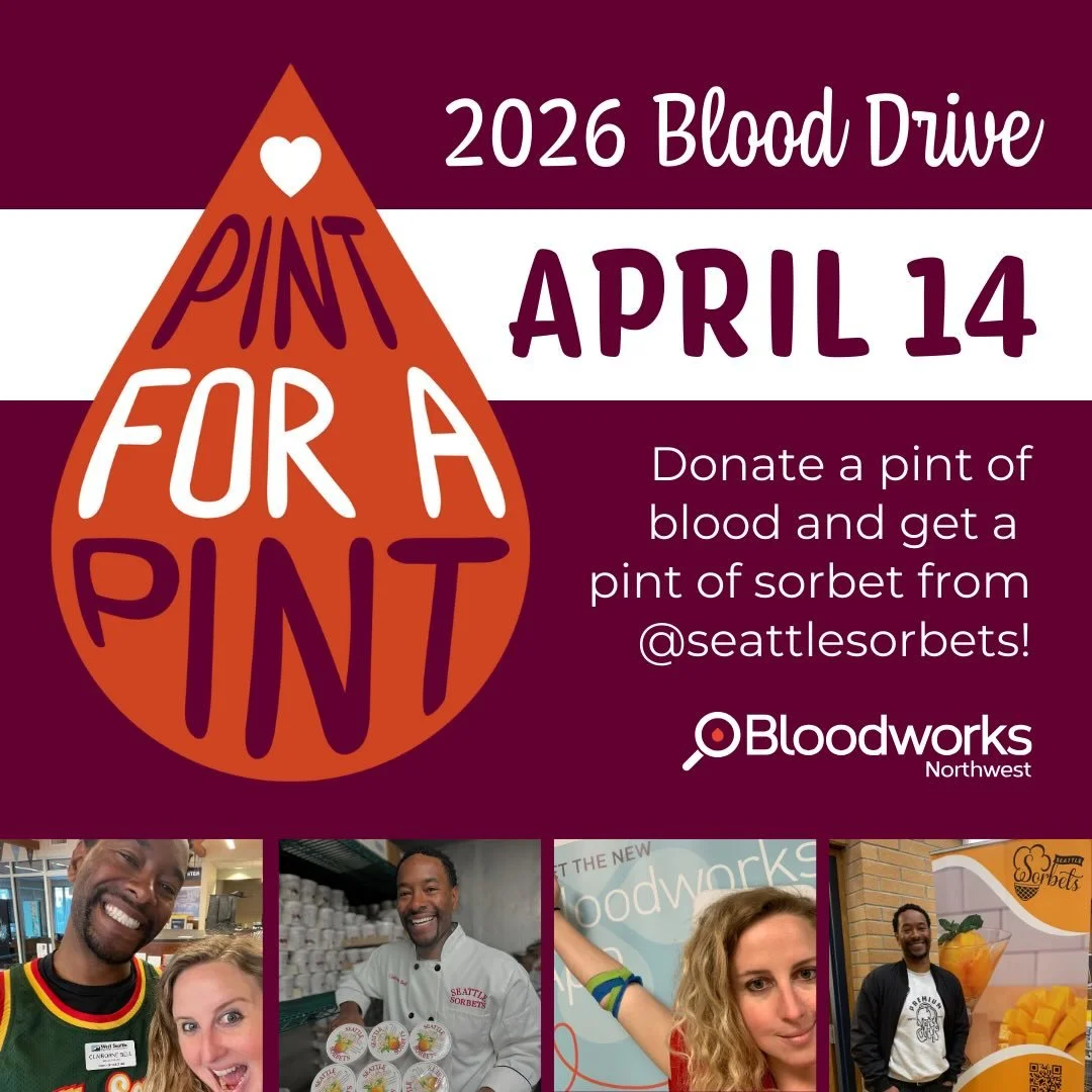 🍦 TWO WEEKS! 🍦 The 5th PINT FOR A PINT Blood Drive is coming up on April 14th, 2026! Donate a pint of blood and get a coupon for a pint of delicious @seattlesorbets! 

60 donor appointments x 1 blood donation can save up to 3 lives = possible 180 l