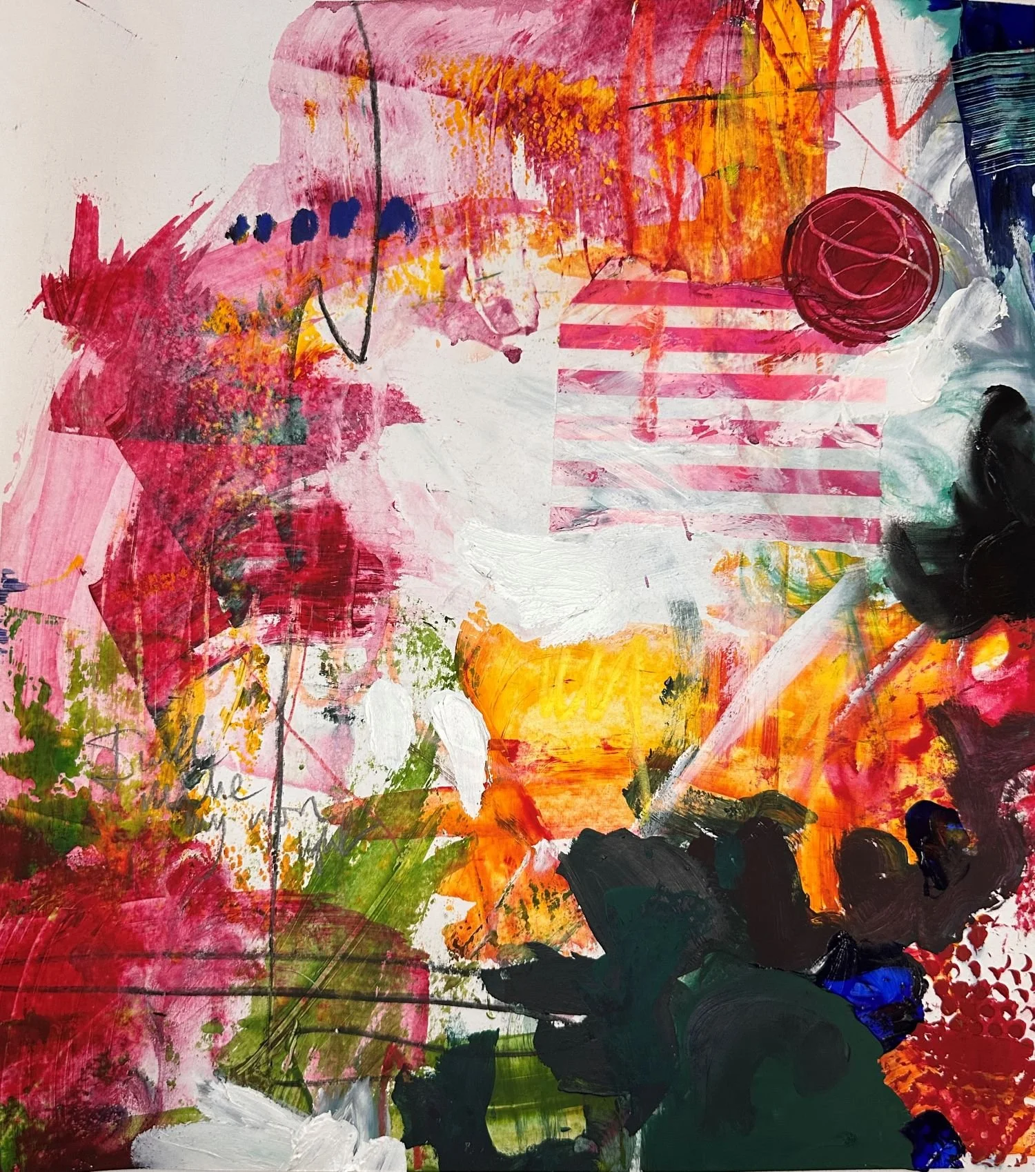 An original abstract colourful painting in tones of pink, orange, yellow, green, blue, black, and white paint. Textured splatters and brushstrokes, including collage and mark making. A painting about feeling joy despite the pain of loss