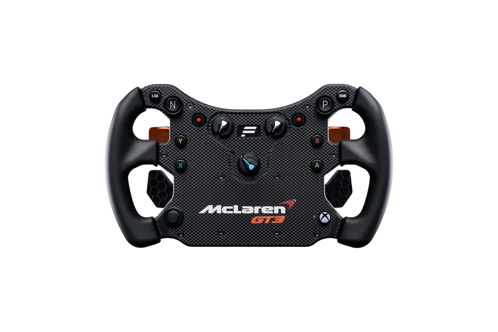 McLaren GT3 racing steering wheel with black carbon fiber and various colored buttons, labeled with McLaren GT3 logo