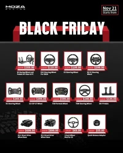 Black Friday sale advertisement featuring gaming and car steering wheels, pedals, and accessories with prices. Offers include R3 Racing Wheel and Pedals, ESX Steering Wheel, SS Steering Wheel, RS V2 Steering Wheel, KS Steering Wheel, V3 GP Wheel, FSR Formula Wheel, TSW Steering Wheel, S-R Pedals, R86 Direct Drive Wheel Base, R21 Direct Drive Wheel Base, 12inch Wheel Mount, Quick Release Adapter, and a steering wheel knob.